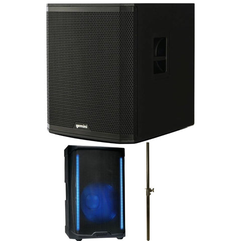 Gemini Sound ZRX-S18BT 18 Inch Powered Subwoofer – 2400W Peak Active PA Bluetooth Bundle with On-Stage Subwoofer Pole with M20 Thread Black, Gemini Sound GD-L215PRO 1300-Watt Professional PA Speakers