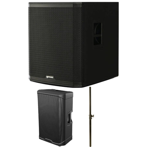 Gemini Sound ZRX-S18BT 18 Inch Powered Subwoofer – 2400W Peak Active PA Bluetooth Bundle with On-Stage Subwoofer Pole with M20 Thread Black, Gemini Sound GD-215PRO 1300-Watt Professional PA Speakers