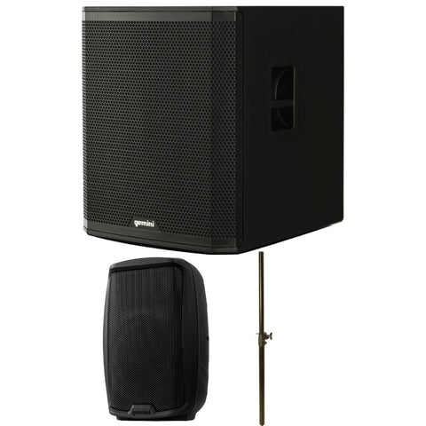 Gemini Sound ZRX-S18BT 18 Inch Powered Subwoofer – 2400W Peak Active PA Bluetooth Bundle with On-Stage Subwoofer Pole with M20 Thread Black, Gemini Sound AS-2115BT Active 15 Inch Woofer 2000 Watt