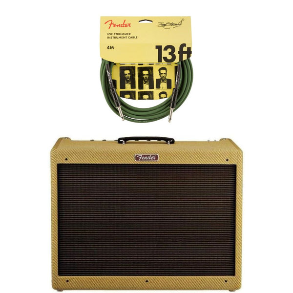 Fender Blues Deluxe Reissue 40-Watt 1x12-Inch Guitar Combo Amp - Tweed Bundle with Fender Joe Strummer Instrument Cable, Straight/Straight, Drab Green, 13ft