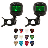 Fender FT-1 Professional Guitar Tuner Clip On Full-Range Chromatic Guitar Tuner (2 Pack) Bundle with Fender Classic Celluloid Guitar Picks 351 Shape Color Medley Medium 12-Pack