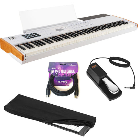 Arturia KeyLab 88 mk3 88-Key Hammer-Action Universal MIDI Controller (White) Bundle with MID-P10T Pro MIDI to MIDI Cable 10', Universal Piano-Style Sustain Pedal and Stretchy Keyboard Dust Cover
