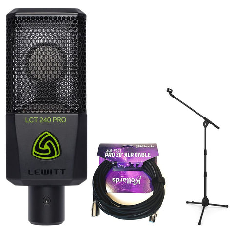 Lewitt LCT-240 Pro Condenser Microphone (Black) Bundle with Kellards XLR-P20T Pro 20 ft XLR Microphone Cable, Kellards PST2 Adjustable Height Microphone Stand with Boom