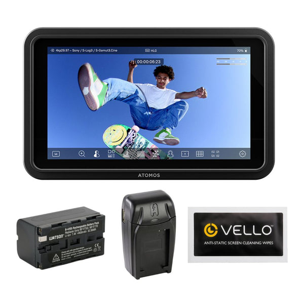 Atomos Shinobi GO 5” HDR Touchscreen Monitor 1500-Nit Bundle with Watson NP-F770 Lithium-Ion Battery Pack, Watson Compact Charger for L & M Series Batteries, Anti-Static Screen Cleaning Wipes (5-Pack)