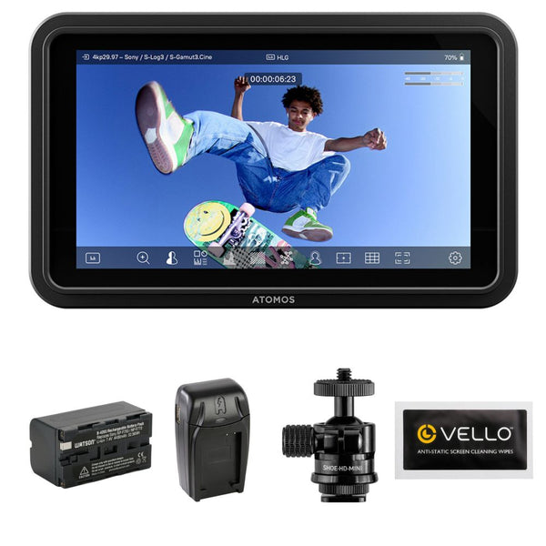 Atomos Shinobi GO 5” HDR Touchscreen Monitor Bundle with Watson NP-F770 Battery Pack, Watson Compact Charger Batteries, Elvid Mini Shoe Mount Ball Head, Anti-Static Screen Cleaning Wipes (5-Pack)