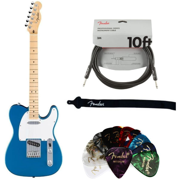 Fender Standard Telecaster Electric Guitar - Aqua Marine Metallic Bundle with Fender Classic Guitar Picks 12-Pack, 10ft Series Instrument Cable Black, Logo Guitar Strap 2in Black with White
