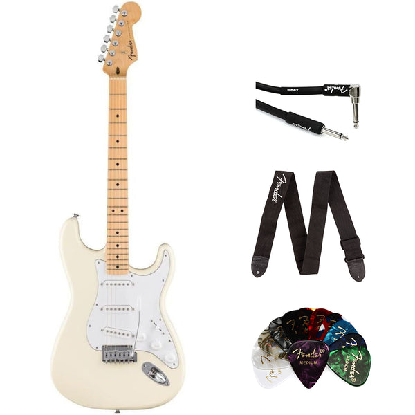 Fender Standard Stratocaster Electric Guitar - Olympic White Bundle with Classic Celluloid Guitar Picks 351 Shape 12-Pack, 10' Instrument Cable Black, Guitar Strap Black with White Logo