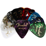 Fender Standard Stratocaster Electric Guitar - Olympic White Bundle with Classic Celluloid Guitar Picks 351 Shape 12-Pack, 10' Instrument Cable Black, Guitar Strap Black with White Logo