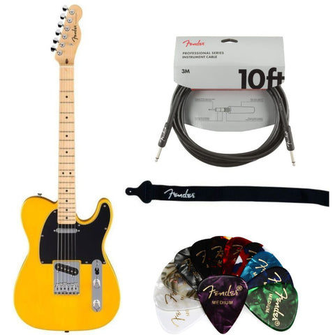 Fender Standard Telecaster Electric Guitar - Butterscotch Blonde Bundle with Fender Classic Guitar Picks 12-Pack, 10ft Series Instrument Cable Black, Logo Guitar Strap 2in Black with White