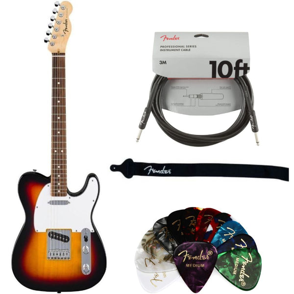 Fender Standard Telecaster Electric Guitar - 3-color Sunburst Bundle with Fender Classic Guitar Picks 12-Pack, 10ft Series Instrument Cable Black, Logo Guitar Strap 2in Black with White