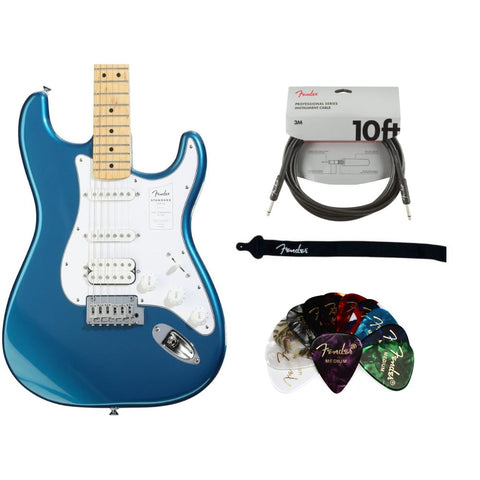 Fender Standard Stratocaster HSS Electric Guitar Aqua Marine Meta Bundle with Fender Classic Guitar Picks 12-Pack, 10ft Series Instrument Cable Black, Logo Guitar Strap 2in Black with White