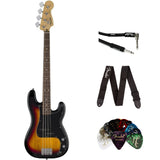 Fender Standard Precision Bass - 3-color Sunburst, Laurel Fingerboard Bundle with Classic Celluloid Guitar Picks 351 Shape 12-Pack, 10' Instrument Cable Black, Guitar Strap Black with White Logo