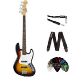 Fender Standard Jazz Bass - 3-color Sunburst, Laurel Fingerboard Bundle with Classic Celluloid Guitar Picks 351 Shape 12-Pack, 10' Instrument Cable Black, Guitar Strap Black with White Logo