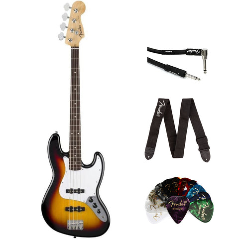 Fender Standard Jazz Bass - 3-color Sunburst, Laurel Fingerboard Bundle with Classic Celluloid Guitar Picks 351 Shape 12-Pack, 10' Instrument Cable Black, Guitar Strap Black with White Logo