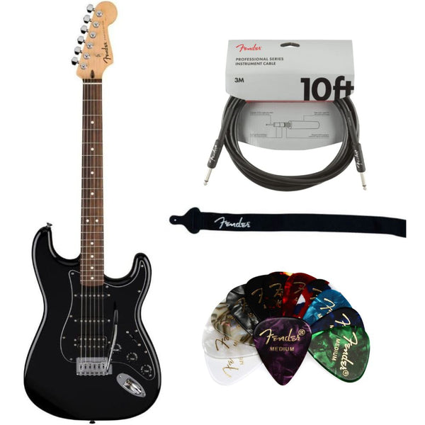 Fender Standard Stratocaster HSS Electric Guitar - Black Bundle with Fender Classic Guitar Picks 12-Pack, 10ft Series Instrument Cable Black, Logo Guitar Strap 2in Black with White