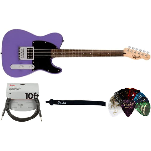 Squire Sonic Esquire Electric Guitar Ultraviolet Laurel Fingerboard Bundle with Fender Classic Guitar Picks 12-Pack, 10ft Series Instrument Cable Black, Logo Guitar Strap 2in Black with White