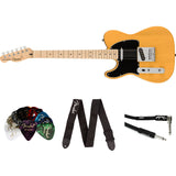 Squier Affinity Series Telecaster Electric Guitar, Butterscotch Blonde, Maple Fingerboard, Left-Handed Bundle with Classic Celluloid Guitar Picks 12-Pack, 10' Instrument Cable, Guitar Strap Black