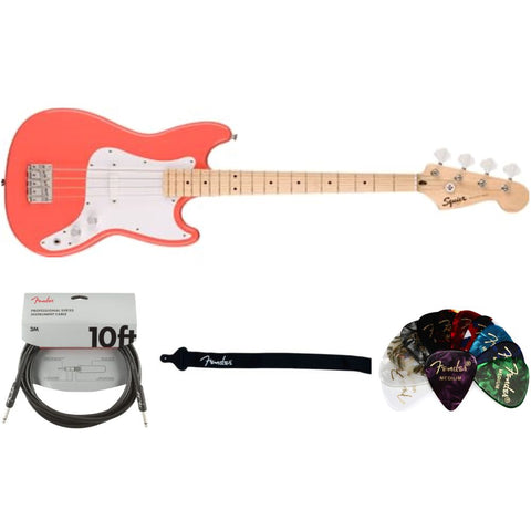 Squier Squier Sonic Bronco Bass Tahitian Coral Maple Fingerboard Bundle with Fender Classic Guitar Picks 12-Pack, 10ft Series Instrument Cable Black, Logo Guitar Strap 2in Black with White