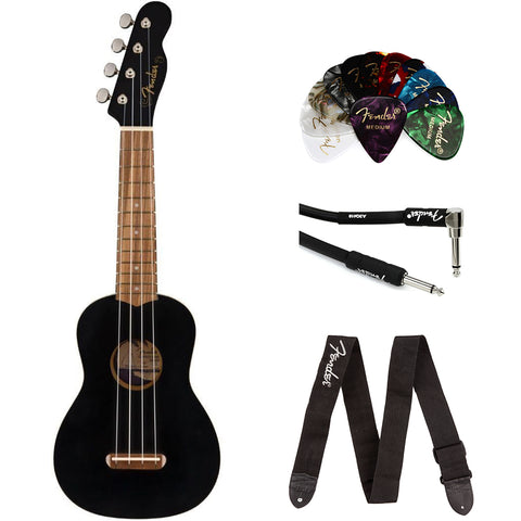 Fender Venice Soprano Ukulele, Black Bundle with Classic Celluloid Guitar Picks 351 Shape 12-Pack, 10' Instrument Cable Black, Guitar Strap Black with White Logo