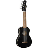 Fender Venice Soprano Ukulele, Black Bundle with Classic Celluloid Guitar Picks 351 Shape 12-Pack, 10' Instrument Cable Black, Guitar Strap Black with White Logo