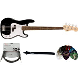 Fender Squier Sonic Precision Bass Guitar Black Bundle with Fender Classic Guitar Picks 12-Pack, 10ft Series Instrument Cable Black, Logo Guitar Strap 2in Black with White