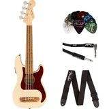 Fullerton Precision Bass® Uke, Walnut Fingerboard, Tortoiseshell Pickguard, Olympic White Bundle with Classic Celluloid Guitar Picks 351 Shape 12-Pack, 10' Instrument Cable Black, Guitar Strap Black