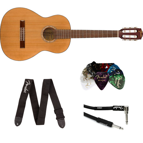 Fender Acoustic Classical Guitar, Small Beginner Guitar (3/4 Size) with Nylon Strings, Includes Bag Bundle with Classic Celluloid Guitar Picks 12-Pack, 10' Instrument Cable Black, Guitar Strap Black