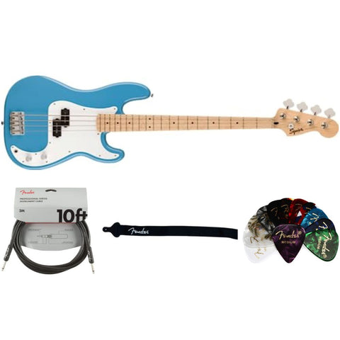 Squier Squier Sonic Precision Bass California Blue Maple Fingerboard Bundle with Fender Classic Guitar Picks 12-Pack, 10ft Series Instrument Cable Black, Logo Guitar Strap 2in Black with White