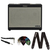 Fender Tone Master FR-10 1,000-watt 1 x 10-inch Powered Guitar Cabinet Bundle with Classic Celluloid Guitar Picks 351 Shape 12-Pack, 10' Instrument Cable Black, Guitar Strap Black with White Logo