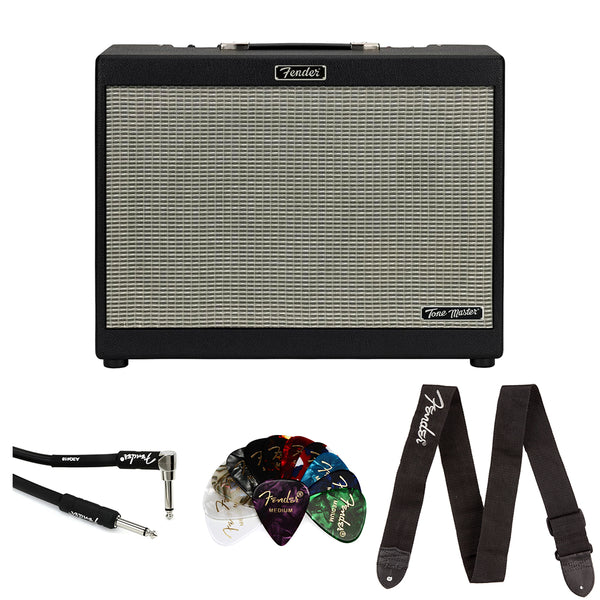 Fender Tone Master FR-10 1,000-watt 1 x 10-inch Powered Guitar Cabinet Bundle with Classic Celluloid Guitar Picks 351 Shape 12-Pack, 10' Instrument Cable Black, Guitar Strap Black with White Logo