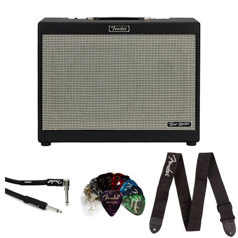 Fender Tone Master FR-10 1,000-watt 1 x 10-inch Powered Guitar Cabinet Bundle with Classic Celluloid Guitar Picks 351 Shape 12-Pack, 10' Instrument Cable Black, Guitar Strap Black with White Logo