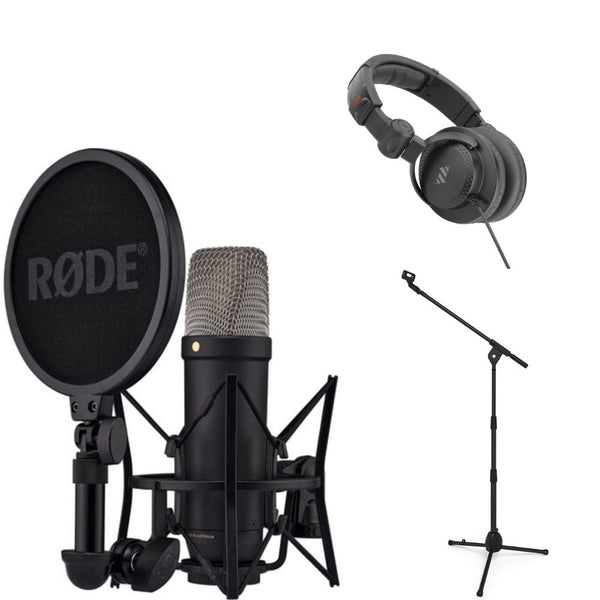 Rode NT1(Black) 5th Generation Hybrid Studio Condenser Microphone Bundle with Kellards PST2 Adjustable Height Microphone Stand with Boom, Polsen HPC-A30 Closed-Back Studio Monitor Headphones