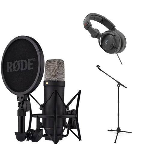 Rode NT1(Black) 5th Generation Hybrid Studio Condenser Microphone Bundle with Kellards PST2 Adjustable Height Microphone Stand with Boom, Polsen HPC-A30 Closed-Back Studio Monitor Headphones