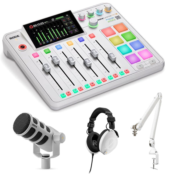 RØDE RØDECaster Pro II All-in-One Production Solution (White) Bundle with NTH-100 Professional Closed-Back Over-Ear Headphones, PodMic Dynamic Podcasting Microphone and PSA1+ Professional Studio Arm