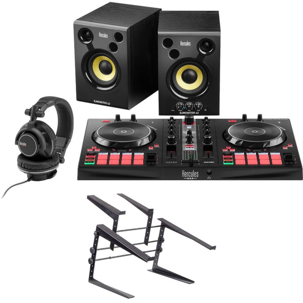 Hercules DJ Essential Kit with DJControl Inpulse 300 Controller, Monitors, and Headphones Bundle with Headliner Covina DJ Controller Stand