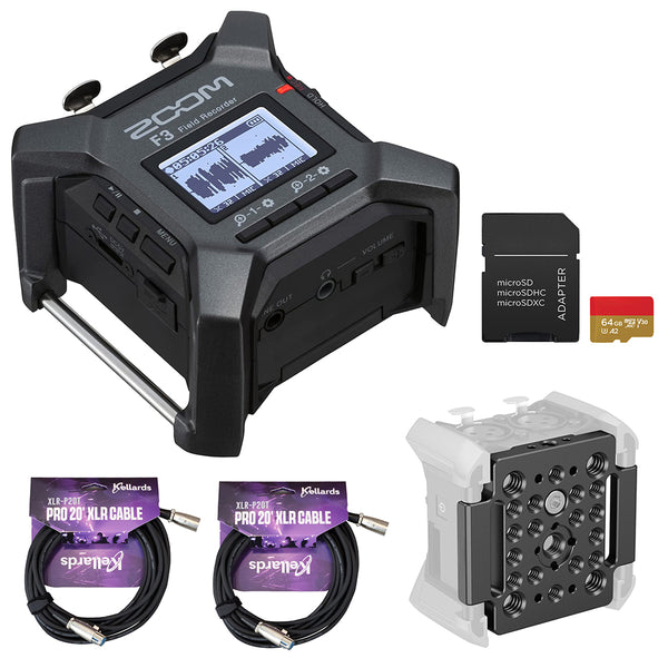Zoom F3 2-Input / 2-Track Portable Field Recorder with Pro Field Kit Bundle with 64GB microSDXC Memory Card, Mounting Plate for Zoom F3 and XLR-P20T Pro 20 ft XLR Microphone Cable