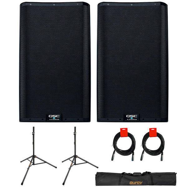 QSC K12.2 Active 12" Powered 2000 Watt Loudspeaker (Pair) Bundle with 2x Auray Steel Speaker Stand and 2x XLR-XLR Cable