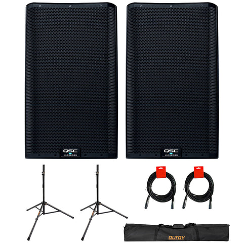 QSC K12.2 Active 12" Powered 2000 Watt Loudspeaker (Pair) Bundle with 2x Auray Steel Speaker Stand and 2x XLR-XLR Cable