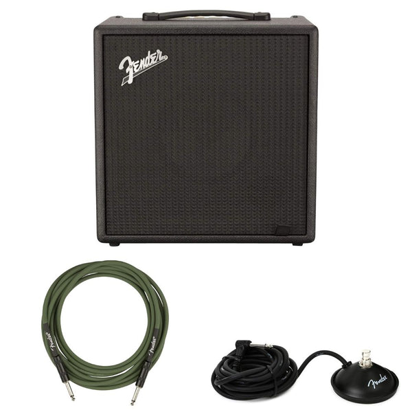 Fender Rumble LT25 Bass Amplifier Bundle with Fender Joe Strummer Instrument Cable, Straight/Straight, Drab Green, 13ft, Fender 1-Button FootSwitch