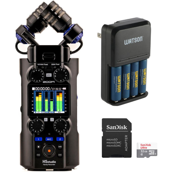 Zoom H5studio 4-Track Handy Recorder with 32-Bit Float Recording with Essentials Kit Bundle with Watson 4Bay Charger AA/AAA Batteries, SanDisk 32GB Ultra UHS-I microSDHC Memory Card with SD Adapter