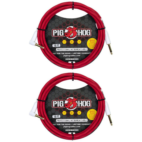 Pig Hog Hex Series Silent Cable 10 ft Candy Apple Red, Right Angle (Pair)