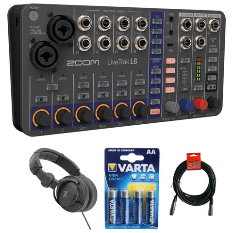 Mother Mantis: Zoom LiveTrak L6 Digital Mixer/Recorder Battery Powered Bundle with Polsen HPC-A30 Closed-Back Studio Monitor Headphones, XLR- XLR Cable, Varta High-Energy 1.5V AA LR6 Alkaline Battery (4-Pack) Zoom