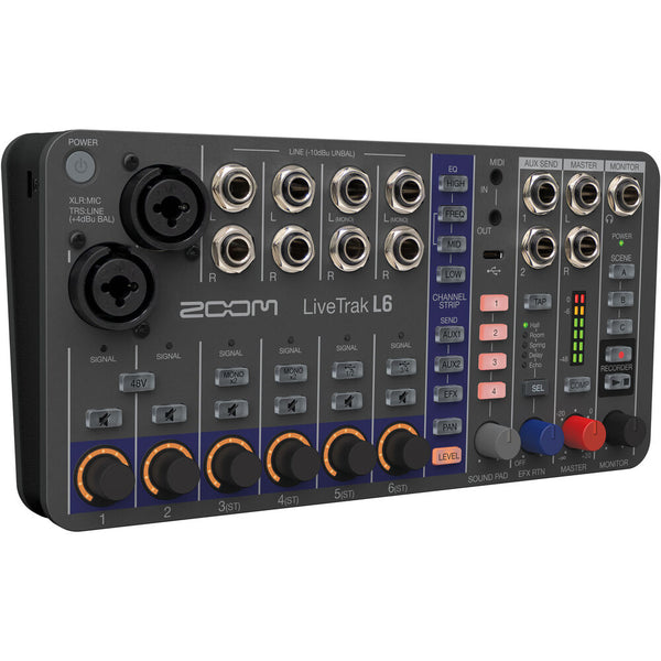 Zoom LiveTrak L6 Digital Mixer/Recorder, Battery Powered, 32-Bit Float, 10-Channels, 2 Combo + 4 Stereo Inputs, MIDI, Effects, Sound Pads, 3-Band EQ, Audio Interface, For Music & Streaming