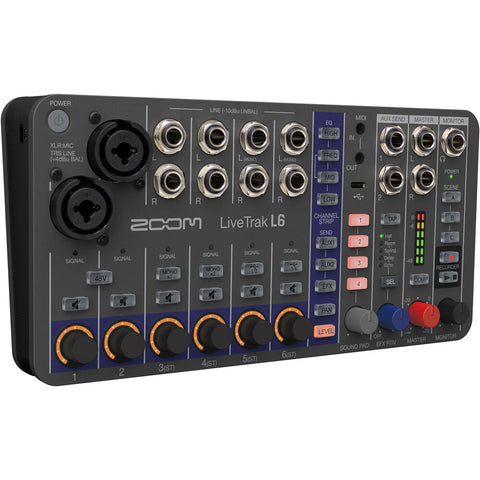 Zoom LiveTrak L6 Digital Mixer/Recorder, Battery Powered, 32-Bit Float, 10-Channels, 2 Combo + 4 Stereo Inputs, MIDI, Effects, Sound Pads, 3-Band EQ, Audio Interface, For Music & Streaming