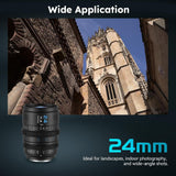 SIRUI VP-1 Vision Prime 1 24mm T1.4 Full Frame Cine Lens, Manual Focus Cinema Lens with Pre-Installed E Mount, Interchangeable L/RF/Z Mounts (Black)