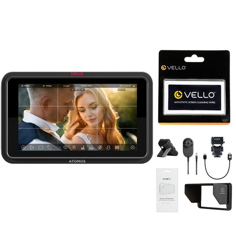 Atomos Ninja TX GO 5-inch camera monitor-recorder, HDMI CFexpress Wi-Fi HDR touchscreen ProRes RAW Bundle with Atomos Creator Accessory Kit for 5" Monitors, Anti-Static Screen Cleaning Wipes (5-Pack)