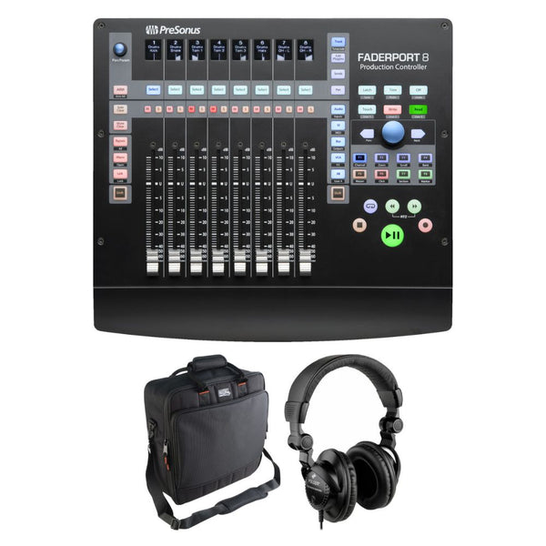 PreSonus Faderport 8 - Mix Production Controller Bundle with Cases G-MIXERBAG-1515 Padded Nylon Mixer/Equipment Bag, Polsen HPC-A30 Closed-Back Studio Monitor Headphones