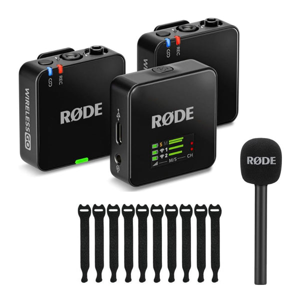 RODE Wireless GO Gen 3 2-Person Compact Digital Wireless Microphone System/Recorder Black Bundle with Rode Interview GO Handheld Mic Adapter for the Wireless GO, Rip Tie 10-Pack Touch Fastener Straps
