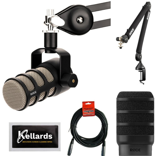 Rode PodMic Dynamic Microphone Bundle with Rode PSA1+ Pro Studio Boom/Arm, RODE WS14 Pop Filter for PodMic (Black), XLR- XLR Cable, Anti-Static Screen Cleaning Wipes (5-Pack)