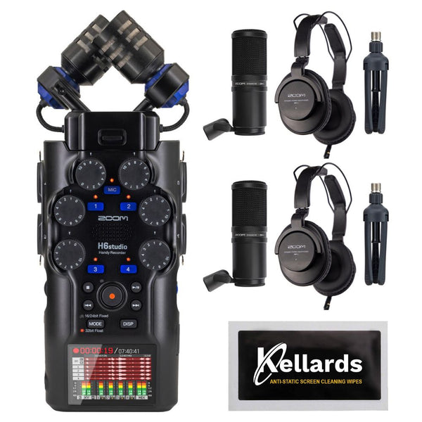 Zoom H6studio 6-Track Handy Recorder with 32-Bit Float Recording Bundle with Zoom ZDM-1 Podcast Mic Pack w/ Headphones Windscreen XLR Tabletop Stand (2 Pack), Anti-Static Screen Cleaning Wipes 5-Pack